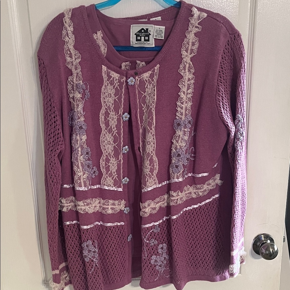 Storybook Knits Mauve Cardigan with Lace Trim